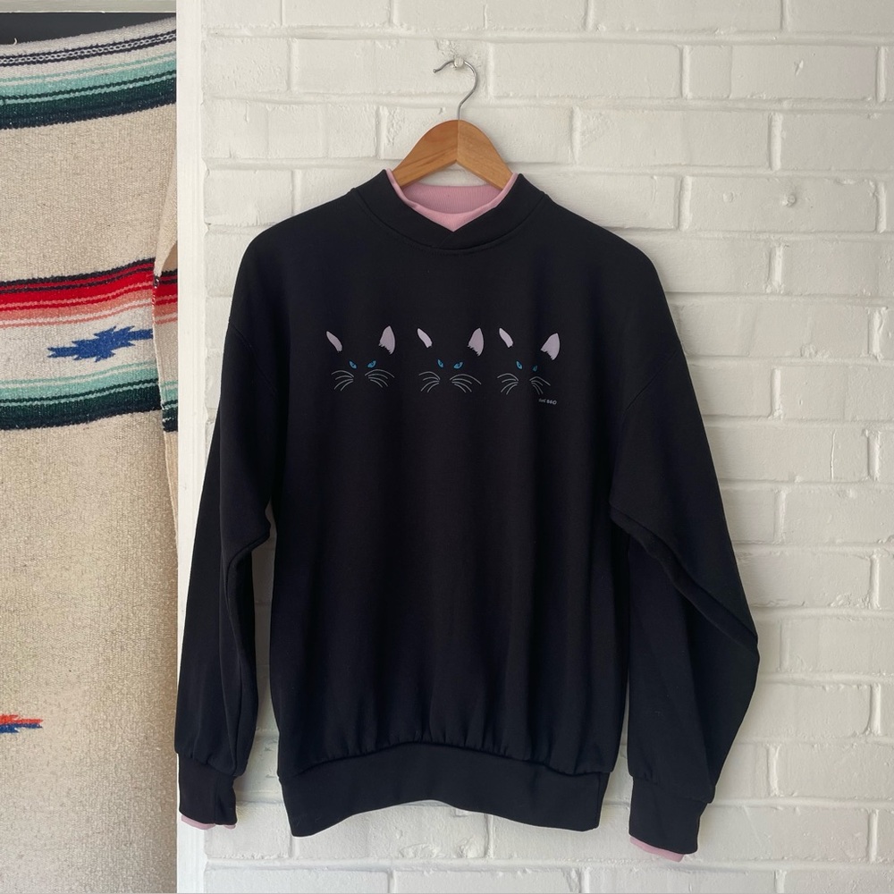 Vintage Black Tuxedo Kitty Cat Sweatshirt Grandma Style Size Large Cotton Poly
